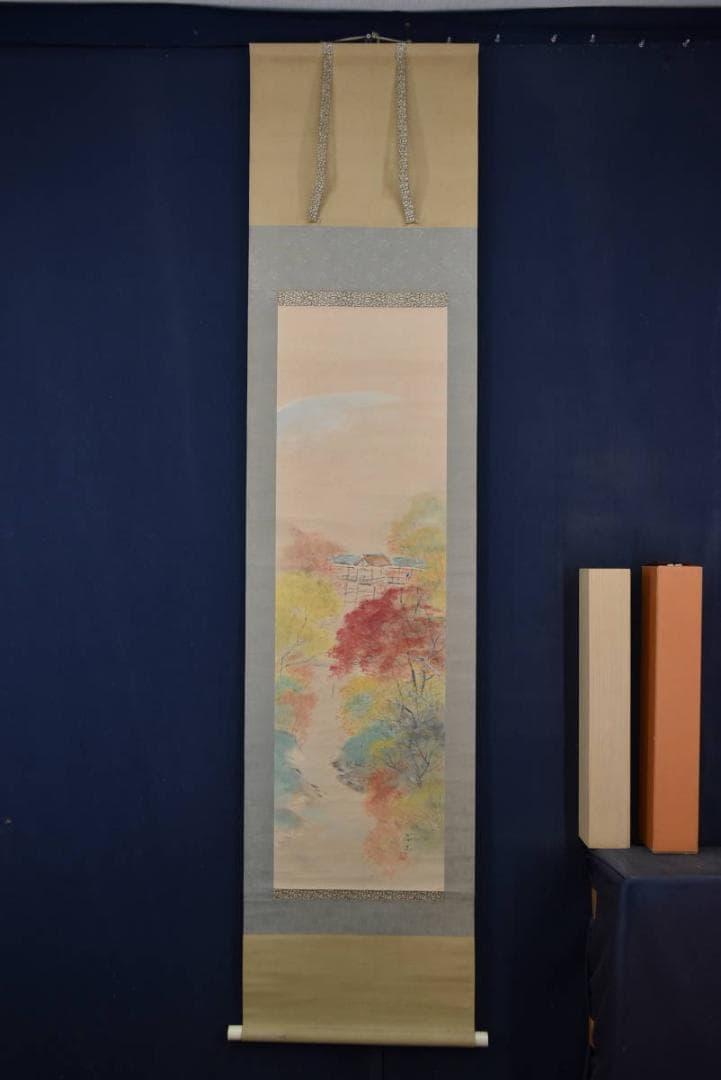【真作】堀江春斎/秋景通天橋図/掛軸☆宝船☆Z-919