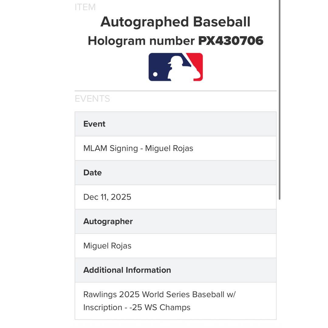 ドジャース ミゲル ロハス 直筆サイン 25 WS Champs ボール