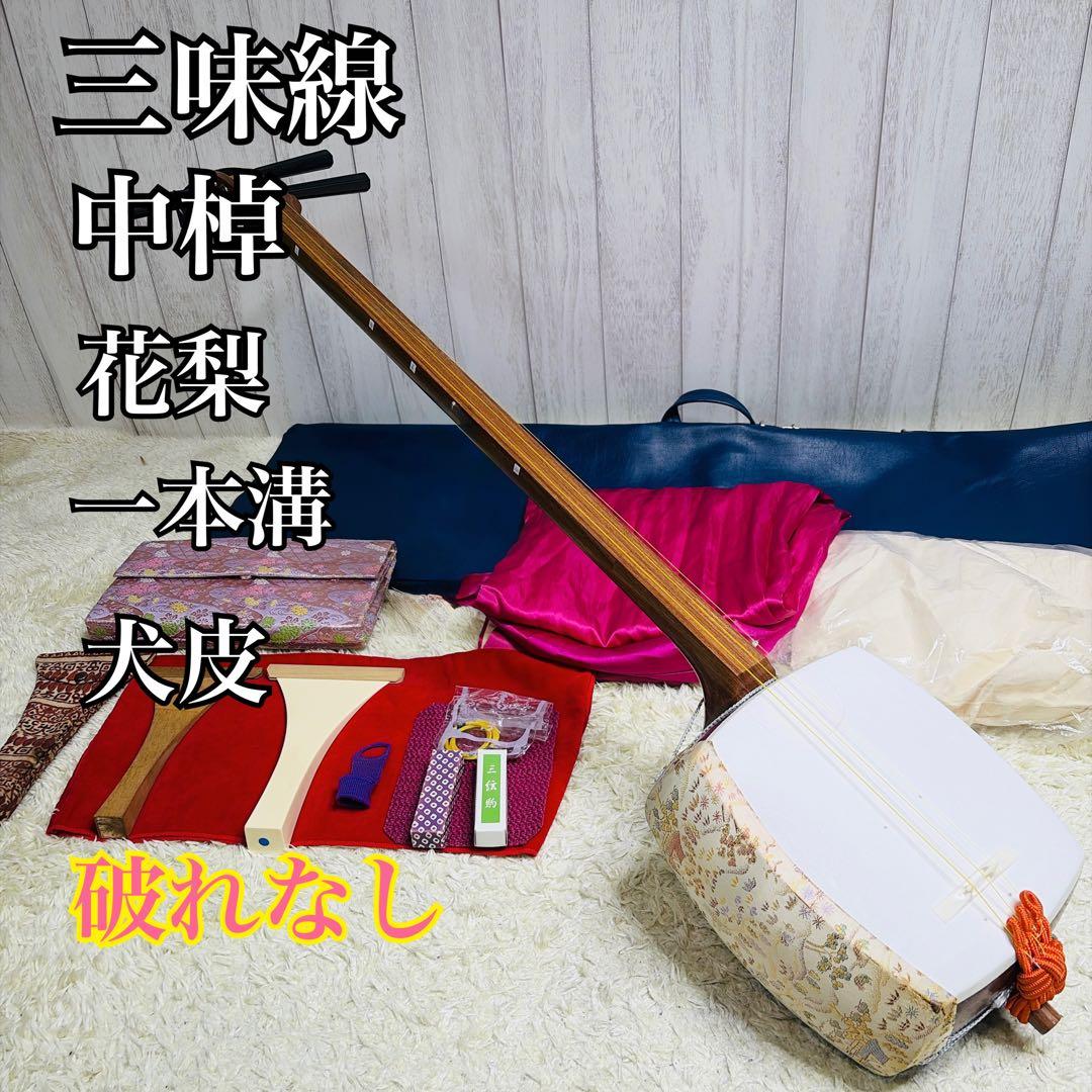 三味線 中棹 セット 撥 胴かけ 花梨 1本溝 犬皮 皮破れなし 丸打胴