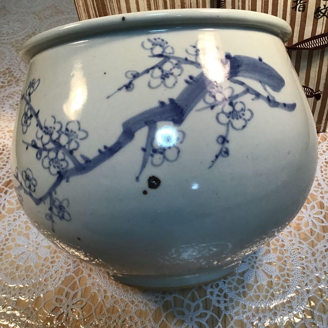 茶道具 水指 青花梅花紋 水指 古作 共箱Ｎ516AL