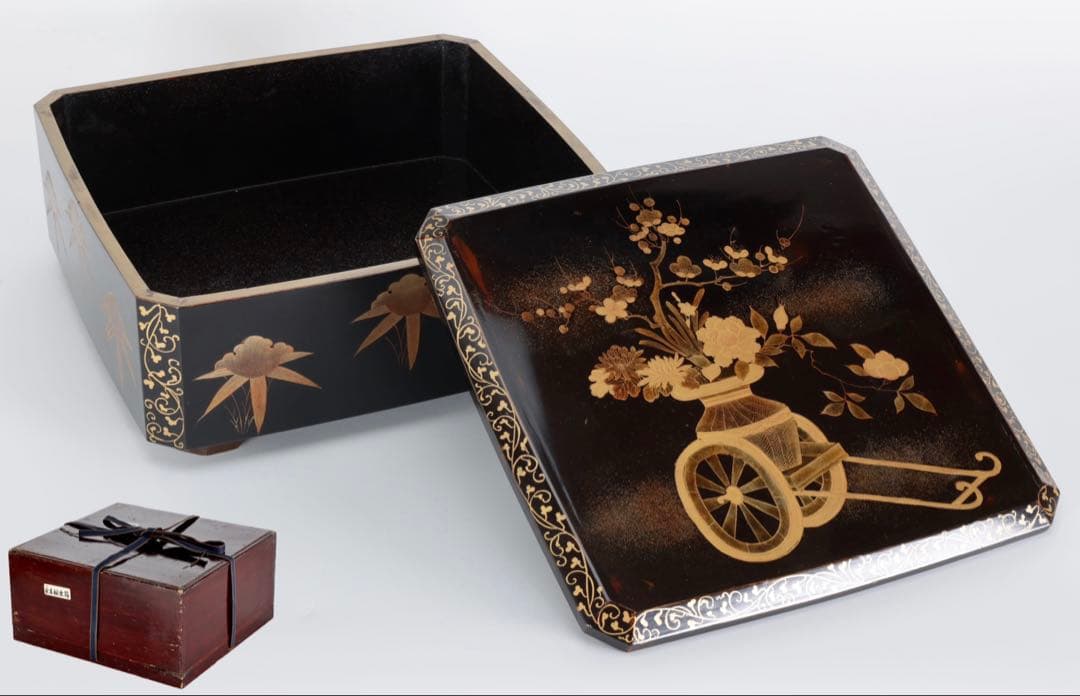 時代漆器 黒漆金蒔絵 花車文 ー段重箱 共箱付 菓子器 御節料理 古美術 骨董品