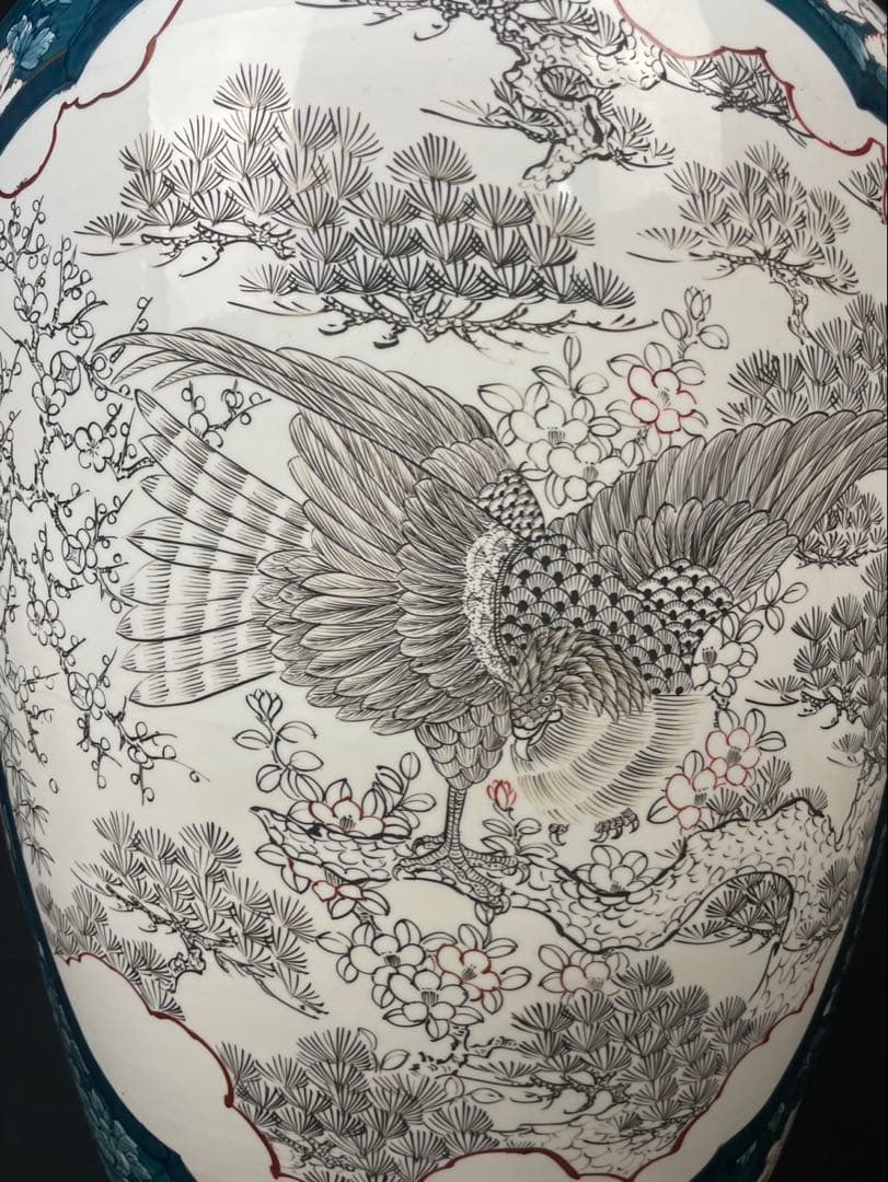 有田焼 特大 染付 牡丹孔雀図 花鳥絵 飾壷 光右衛門作 沈香壺 三段壷 置物
