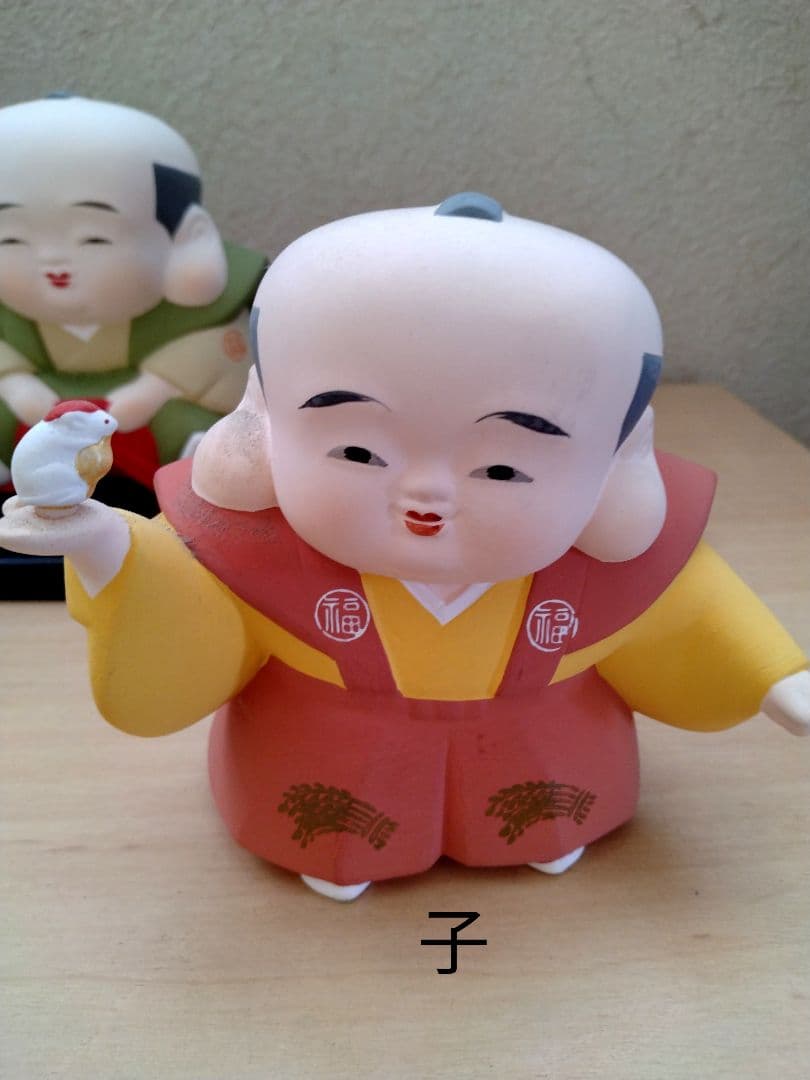 干支、縁起物福助人形十二個勢揃い、日本製陶器