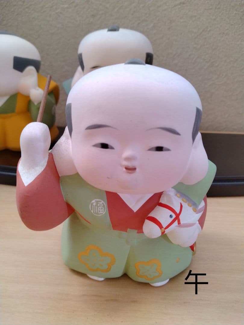 干支、縁起物福助人形十二個勢揃い、日本製陶器