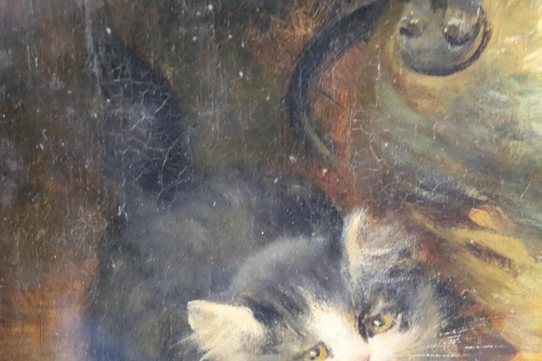 真作保証 19世紀 古画 「3匹の猫」 油彩4号 希少な動物画