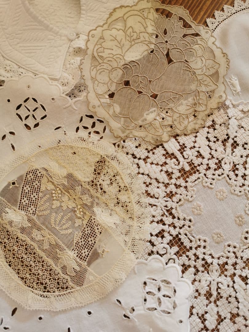 アンティーク 花咲く野を飛ぶバード アランソンレース ✜ 糸花刺繍✾ドイリー