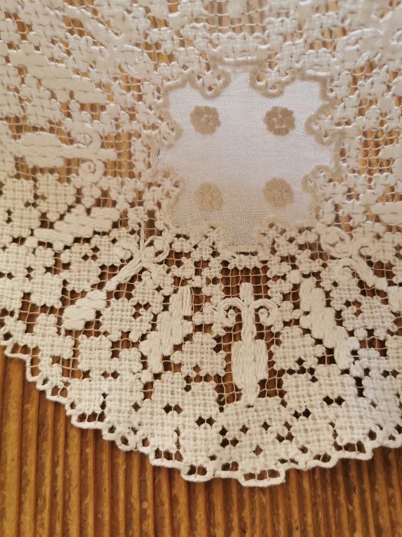 アンティークイタリア ノッテドメッシュ 男女の輪 ニードルワーク リネンドイリー
