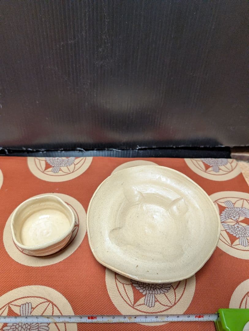 備前焼陶器製茶碗と皿セット印あり、時代物