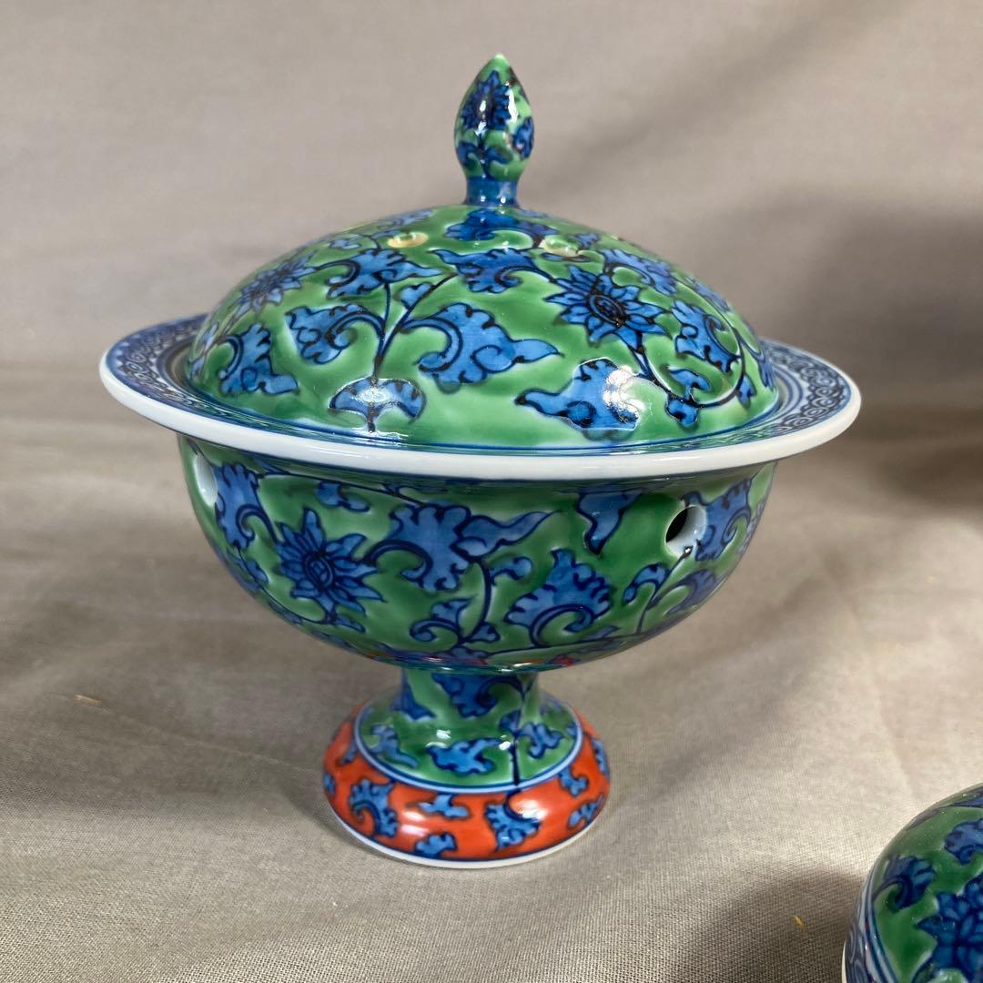 【源右衛門】古伊万里の伝統　日本の名窯　舘林源右衛門作　染錦緑彩唐草文　御香揃