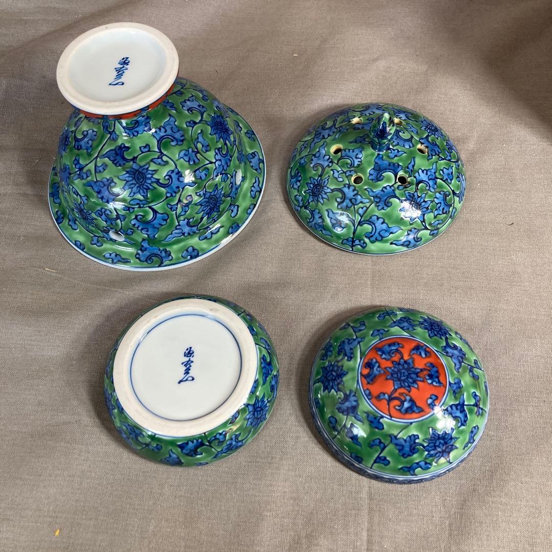 【源右衛門】古伊万里の伝統　日本の名窯　舘林源右衛門作　染錦緑彩唐草文　御香揃