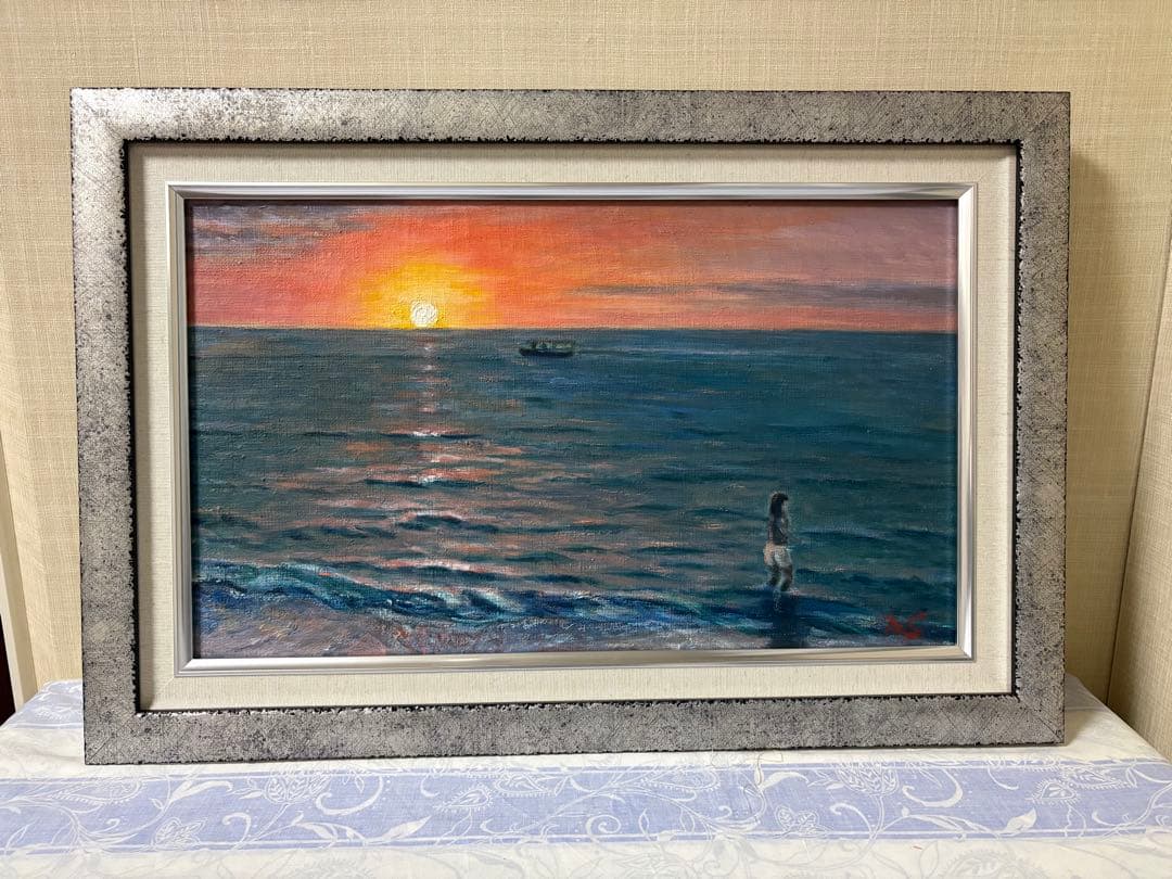 油彩原画　夕日の海・ハワイ　M８号　額装品