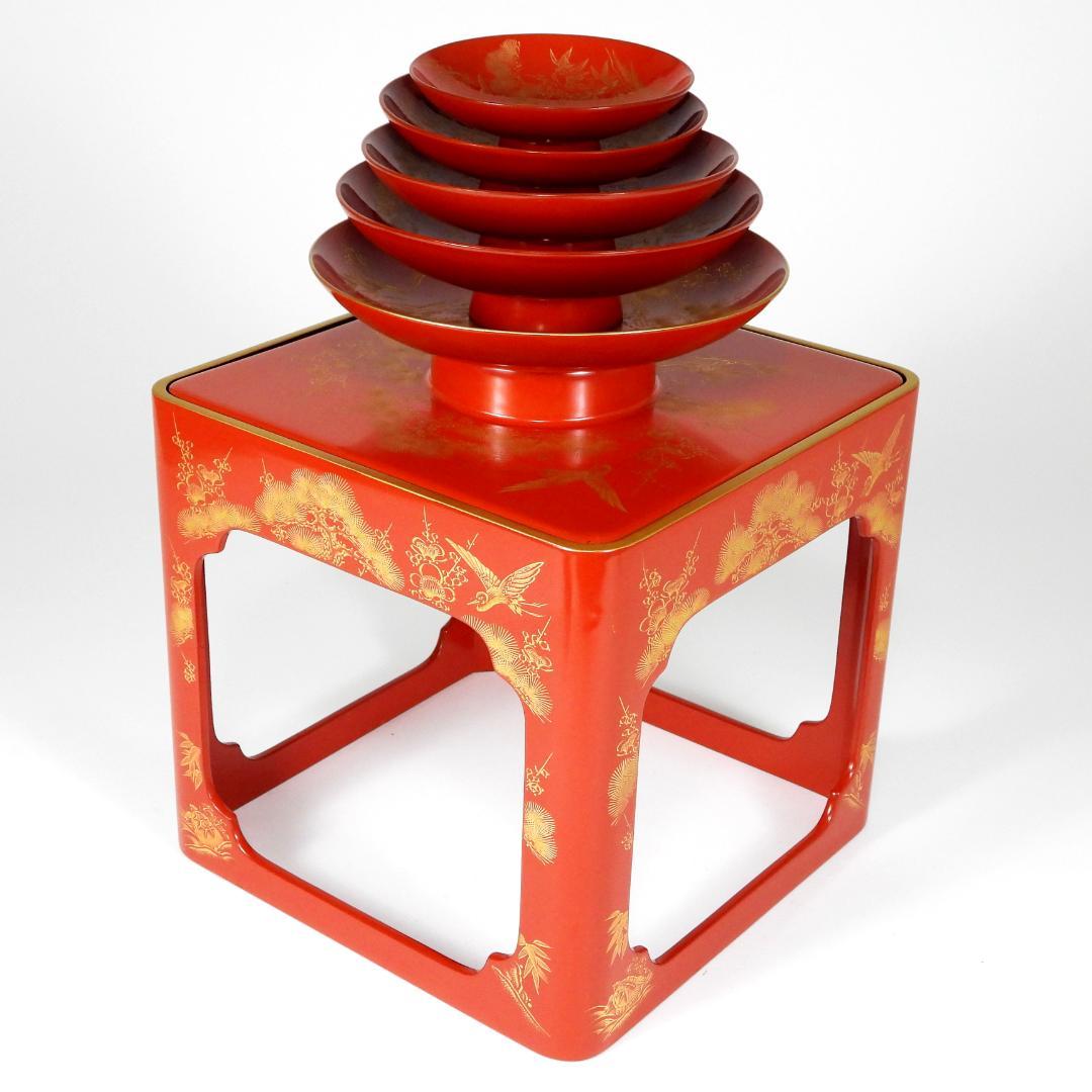 輪島塗 沈金 松竹梅 五段盃 杯台 酒器 天然木 漆塗り 漆芸 共箱