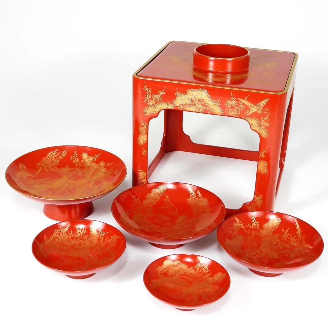 輪島塗 沈金 松竹梅 五段盃 杯台 酒器 天然木 漆塗り 漆芸 共箱