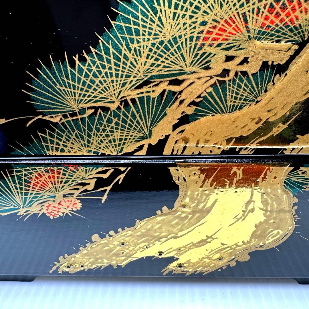 会津塗 三段重 松峯作 天然木 黒内朱 沈金 蒔絵 重箱 漆器 伝統工芸