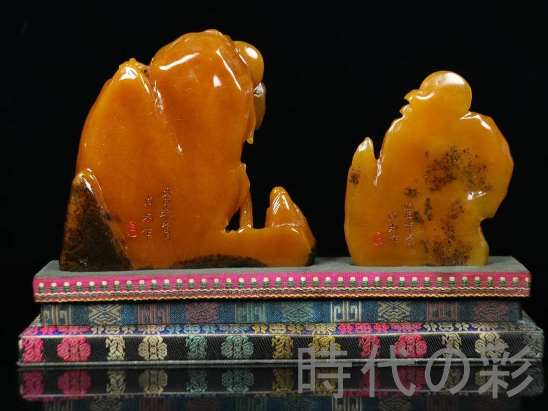 中国古美術【田黄石 山水人物】尚均作款 細密彫 純手彫り 寿山石細作 在銘 擺件