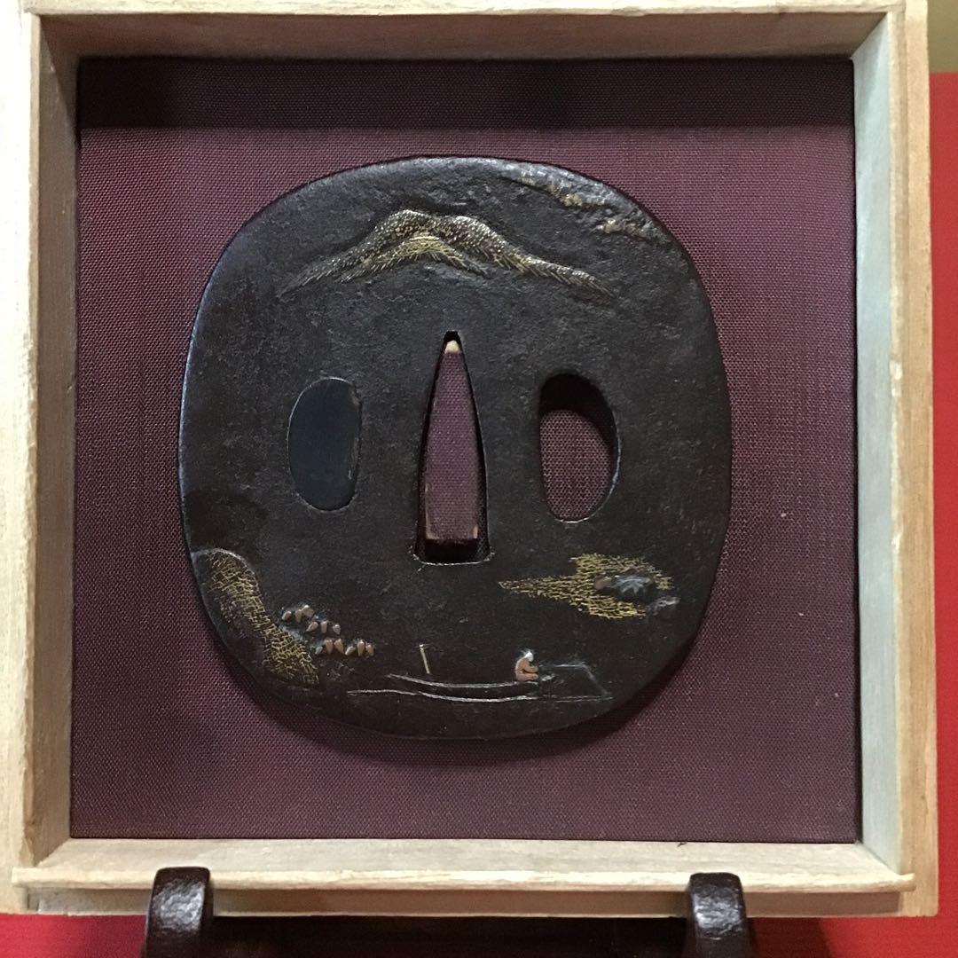 若芝鍔　在銘　(若芝)肥前　金布目象嵌　山水釣図　名品