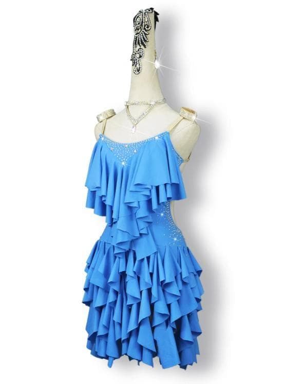 新品未使用 社交ダンス衣装 ラテンワンピースドレス 空ブルー オーダーメイド