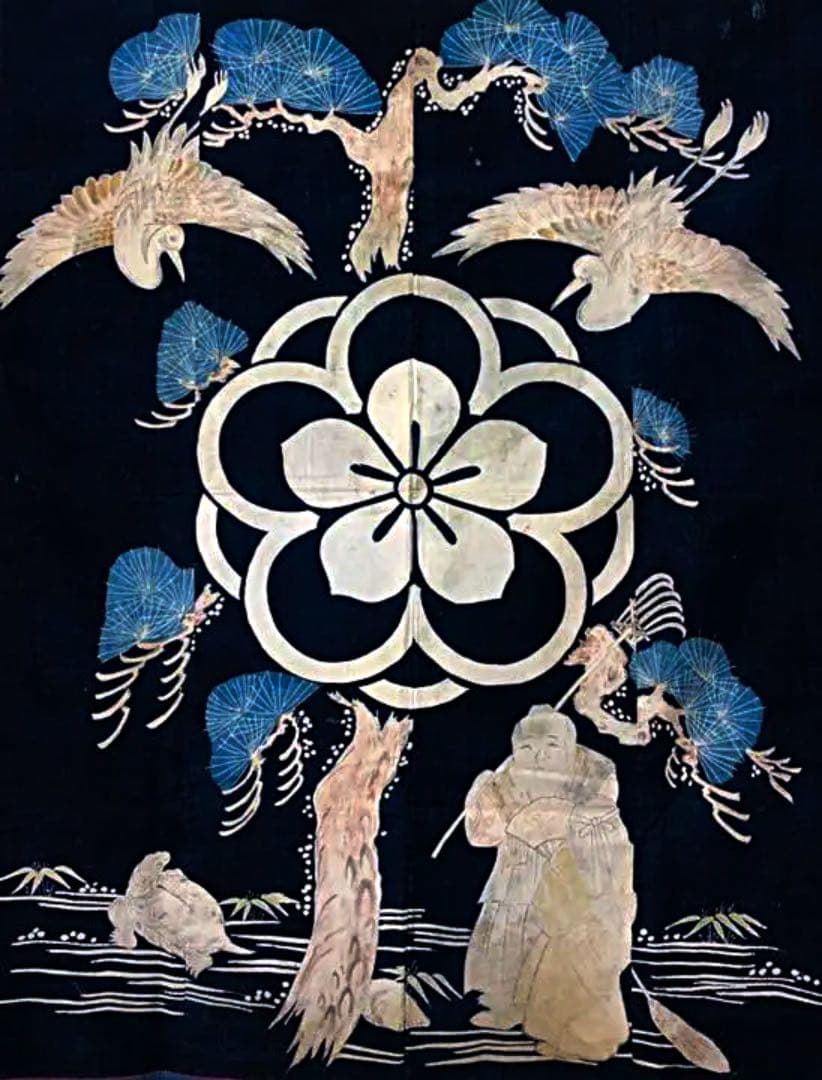 藍染布  筒描き   タペストリー　古布  希少❣️