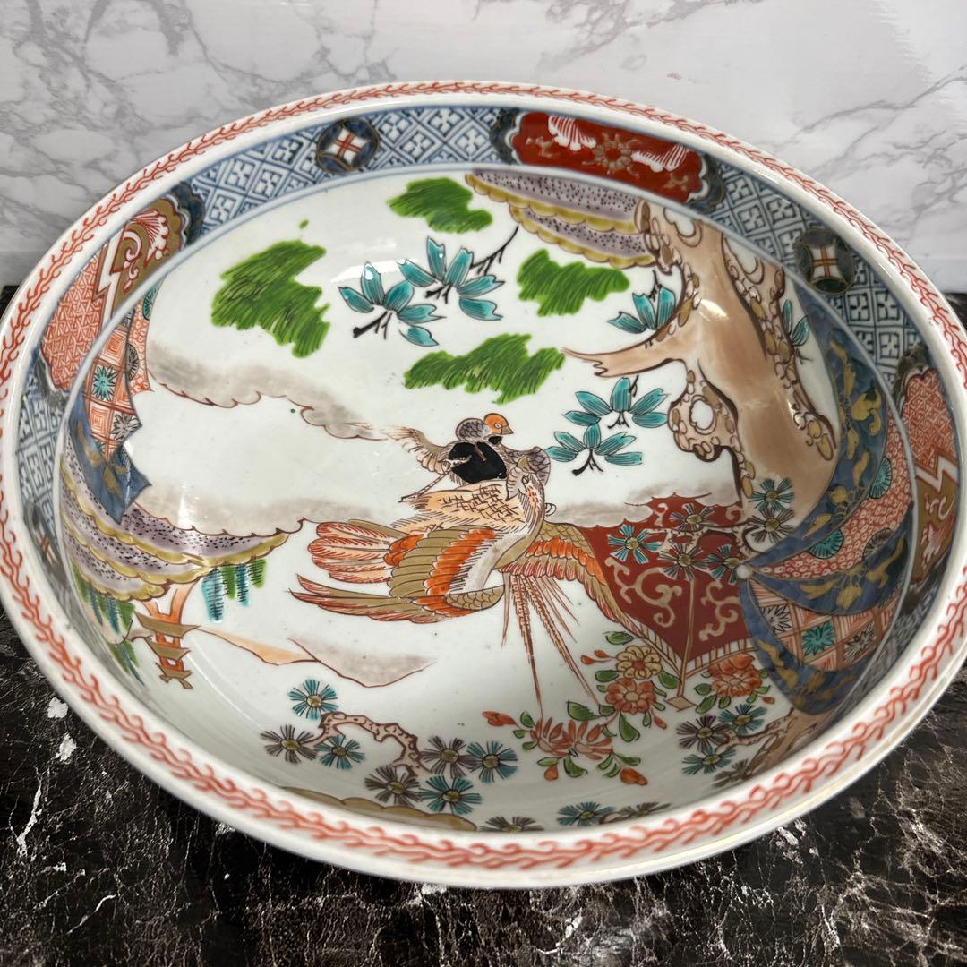 古伊万里、染錦、花鳥図、赤玉、中鉢。