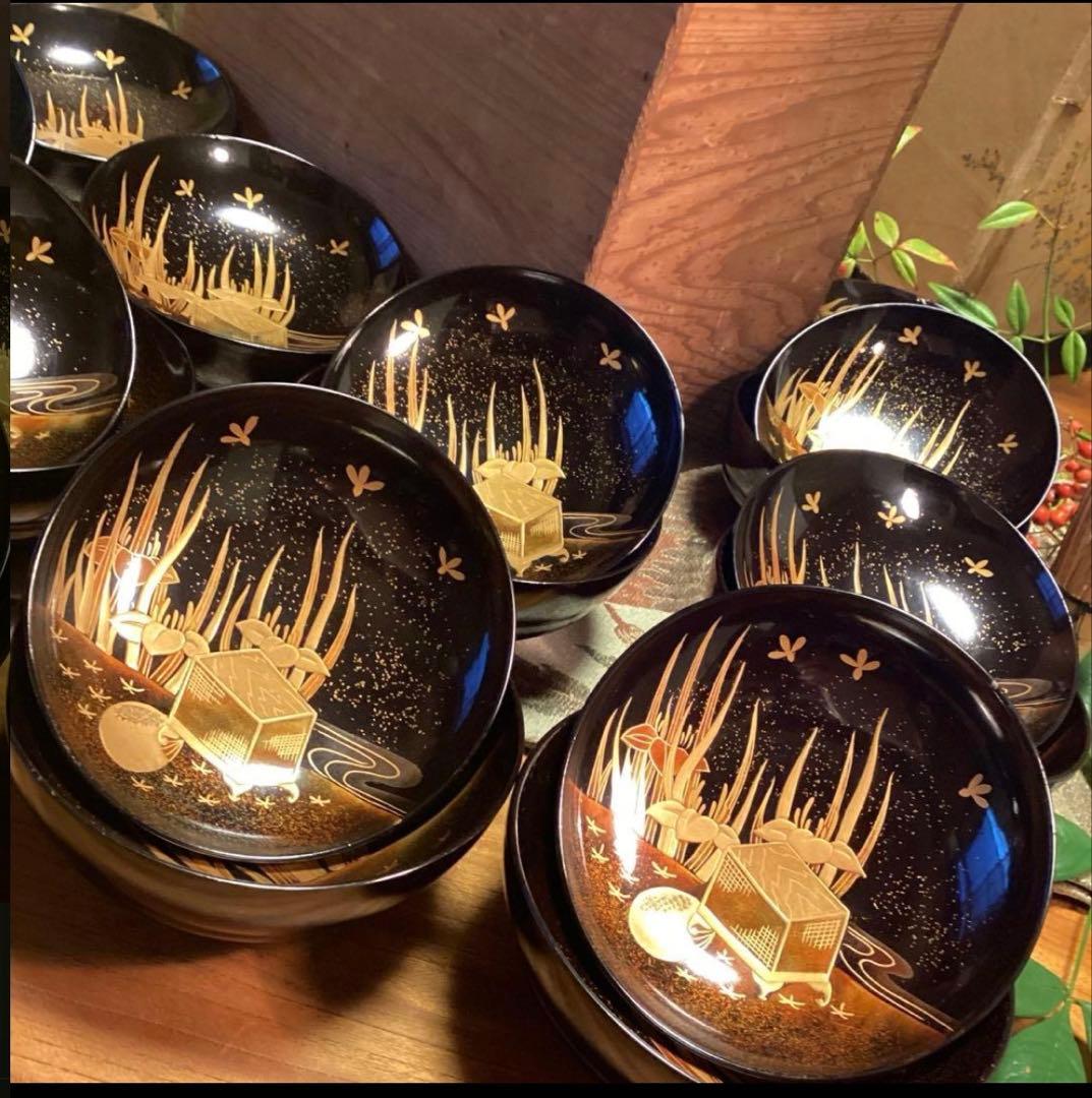 A1060 木製輪島塗　懐石道具　衝羽根に流水菖蒲　吸物椀　蒔絵　2客