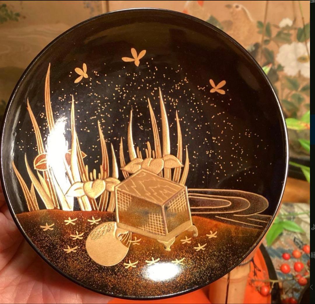 A1060 木製輪島塗　懐石道具　衝羽根に流水菖蒲　吸物椀　蒔絵　2客