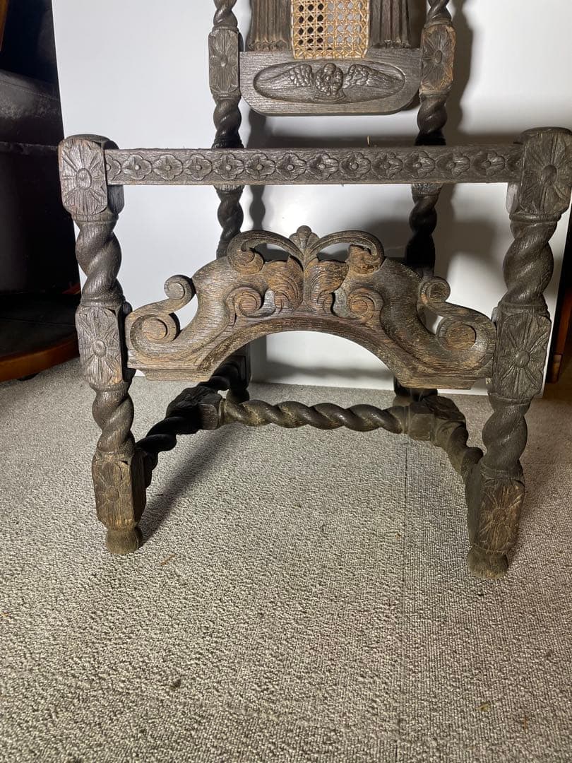 アンティーク ハイバックチェア 聖母子 天使 籐張り ヨーロッパ家具