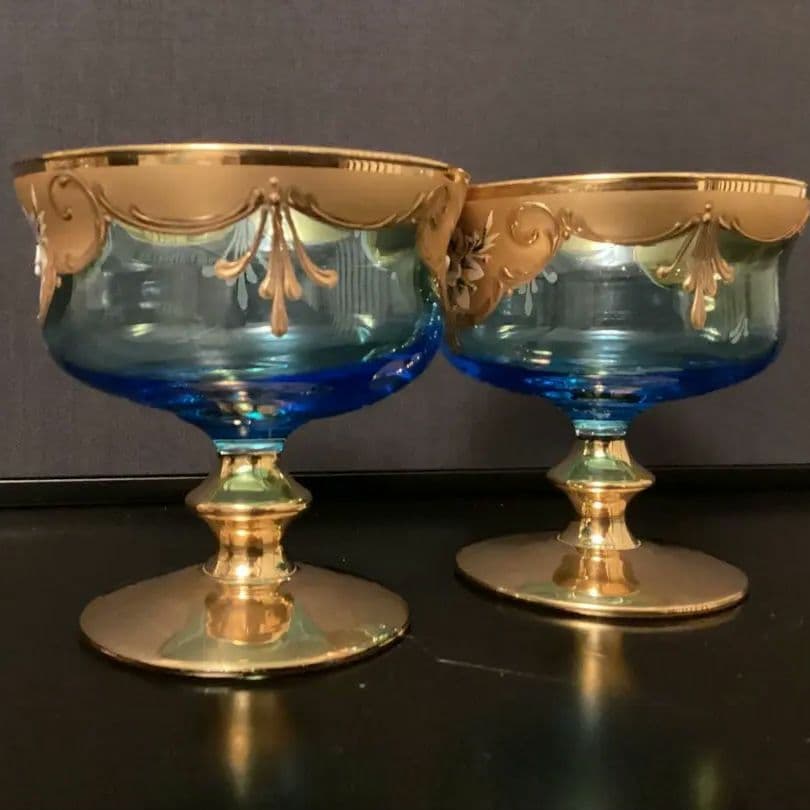 ベネチアングラス　金色とブルーのエレガントなデザインの手描き花柄グラス③④