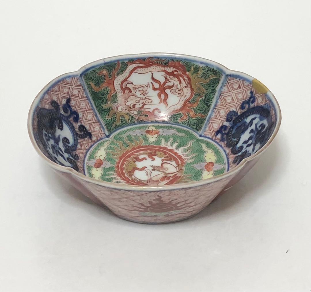 継続出品 江戸時代 有田焼 献上 古伊万里 色絵 団鳳凰雲龍文 木瓜型小鉢