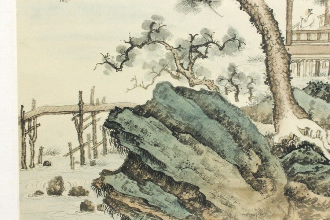 No5570掛軸　無落款　山水図　紙本着色　唐画　中国画　古画　古美術　送料無料