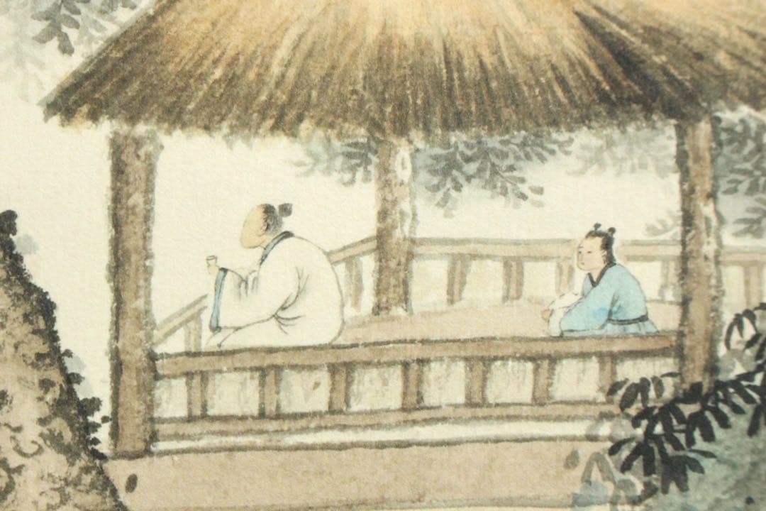 No5570掛軸　無落款　山水図　紙本着色　唐画　中国画　古画　古美術　送料無料