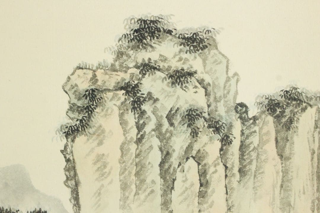 No5570掛軸　無落款　山水図　紙本着色　唐画　中国画　古画　古美術　送料無料