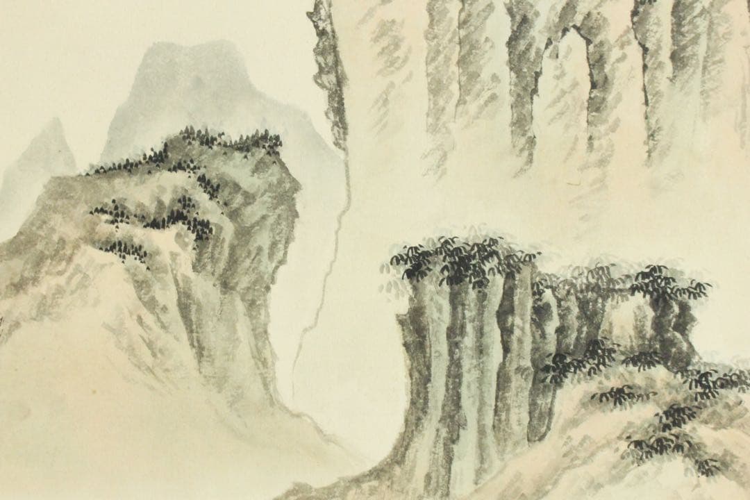 No5570掛軸　無落款　山水図　紙本着色　唐画　中国画　古画　古美術　送料無料