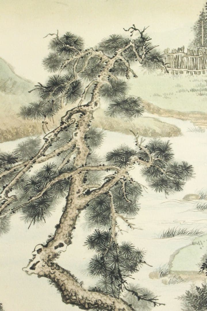 No5570掛軸　無落款　山水図　紙本着色　唐画　中国画　古画　古美術　送料無料