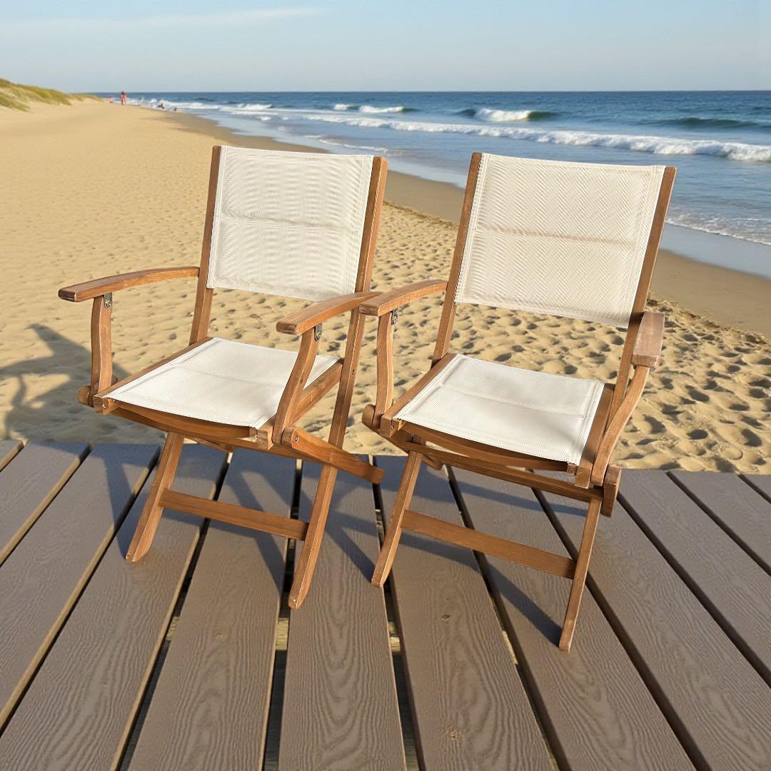 718 ナチュラル木製アウトドアチェア2脚 アイボリー 折りたたみ おしゃれ