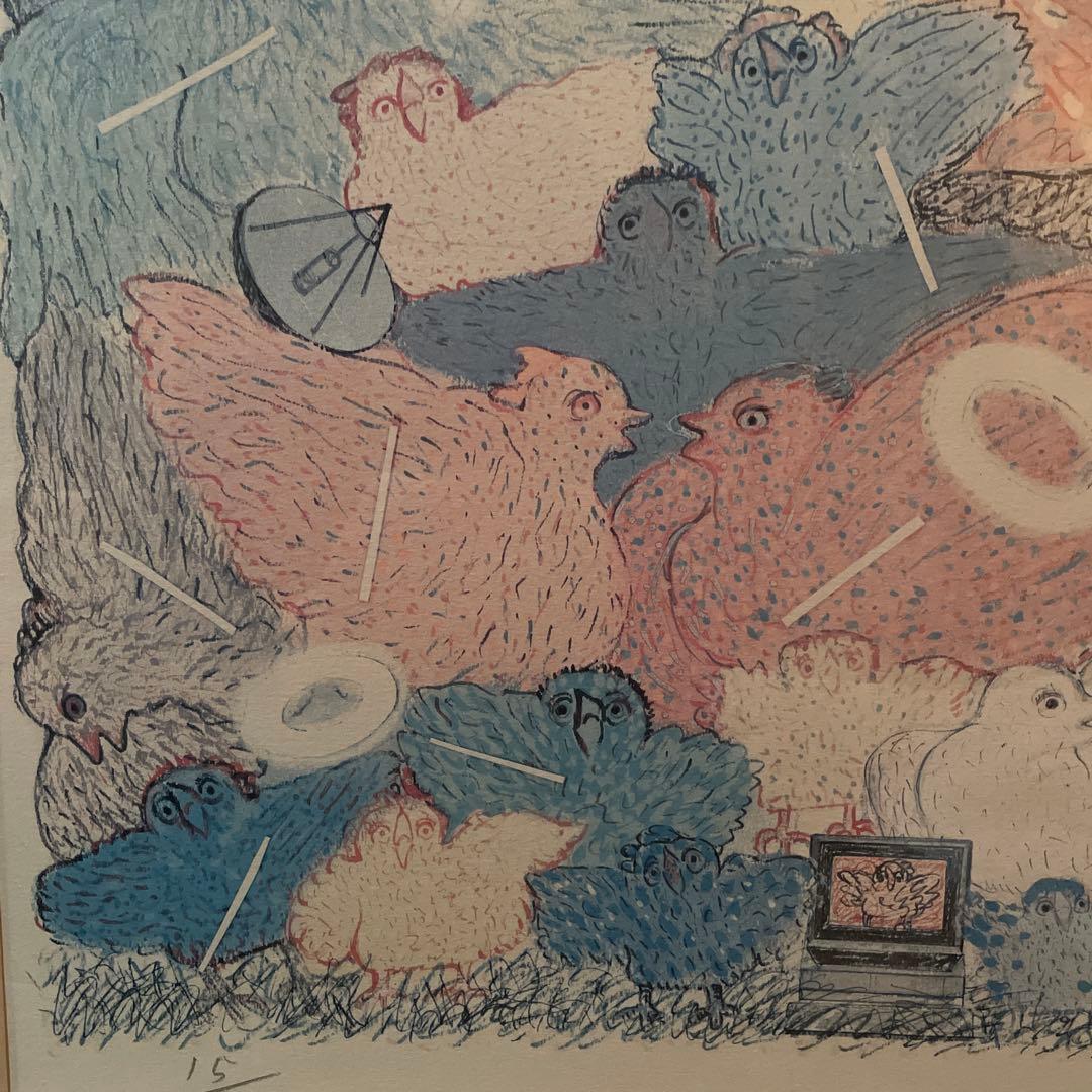 粟津潔 Awazu 「鳥たちとテレビ」 リトグラフ直筆サイン　真作　15/30部