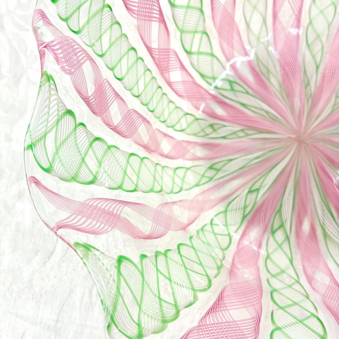 【希少】ベネチア　ムラーノ　バラリン工房　レースガラス　ボウル　ピンク　グリーン