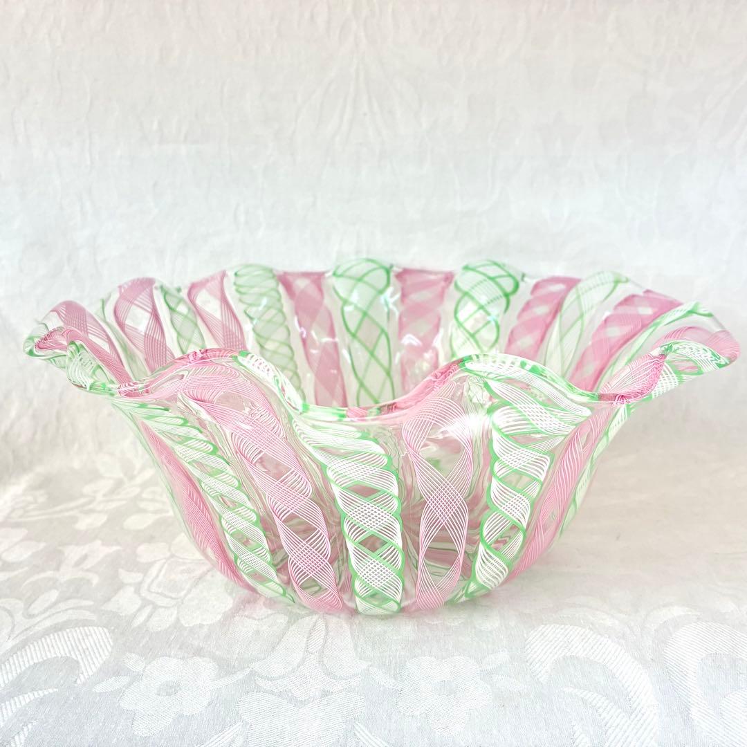 【希少】ベネチア　ムラーノ　バラリン工房　レースガラス　ボウル　ピンク　グリーン