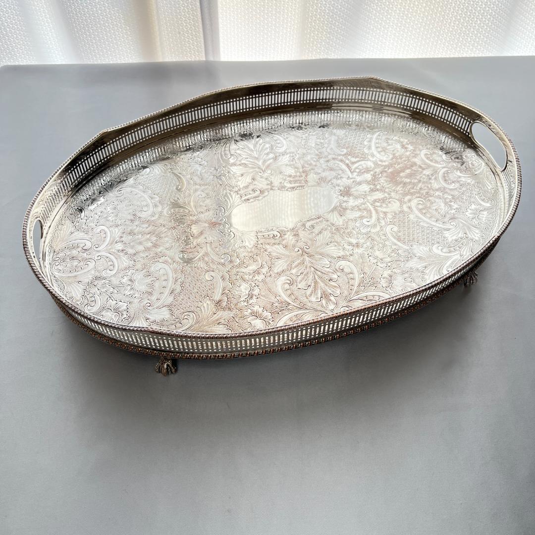 【英国】 ギャラリートレー オーバル型 45cm 　 装飾フット 大型