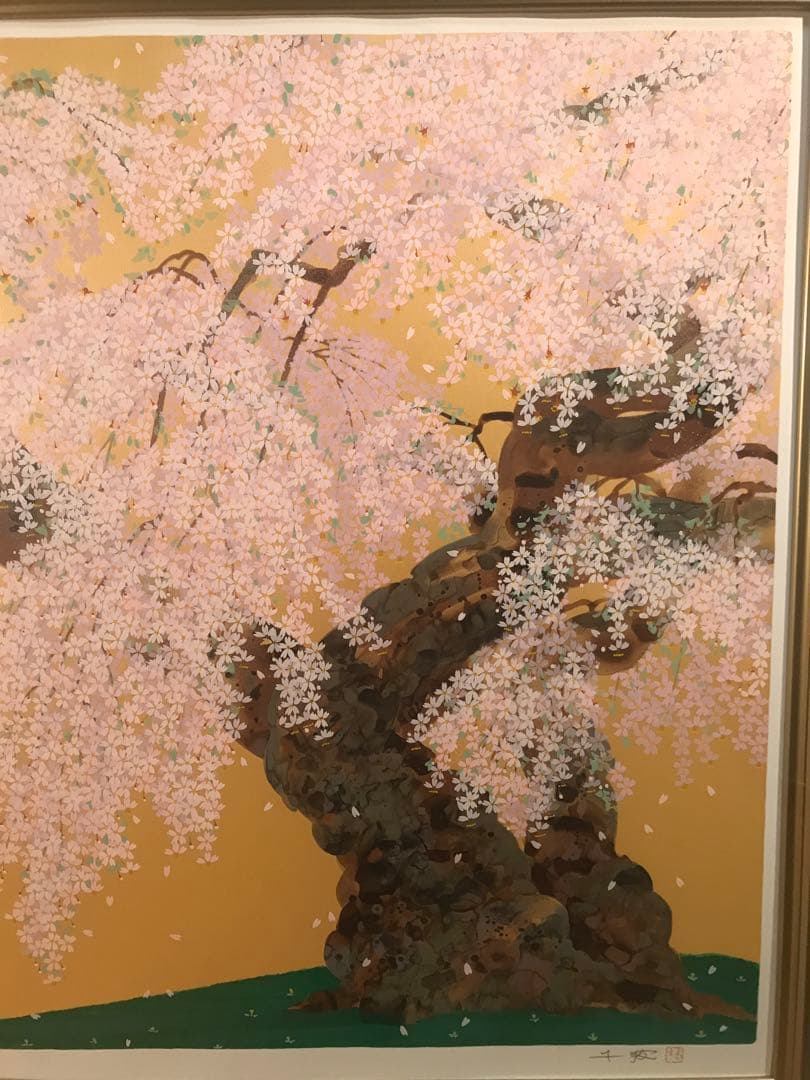 中島千波「春輝神田の大糸桜」シルクスクリーン　直筆サイン・落款・作品証明シール有