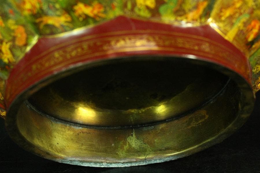 橿原國 細密狩猟更紗紋 変円形 鉢 手描き彩色 作家物 共箱(K-A755)