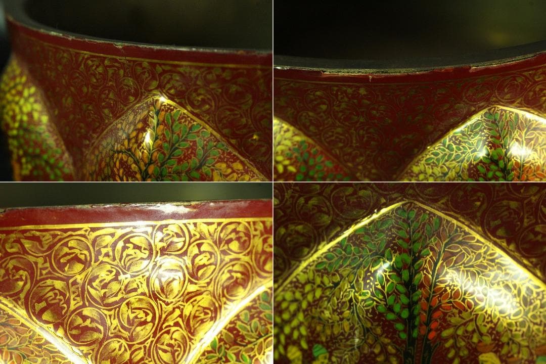 橿原國 細密狩猟更紗紋 変円形 鉢 手描き彩色 作家物 共箱(K-A755)