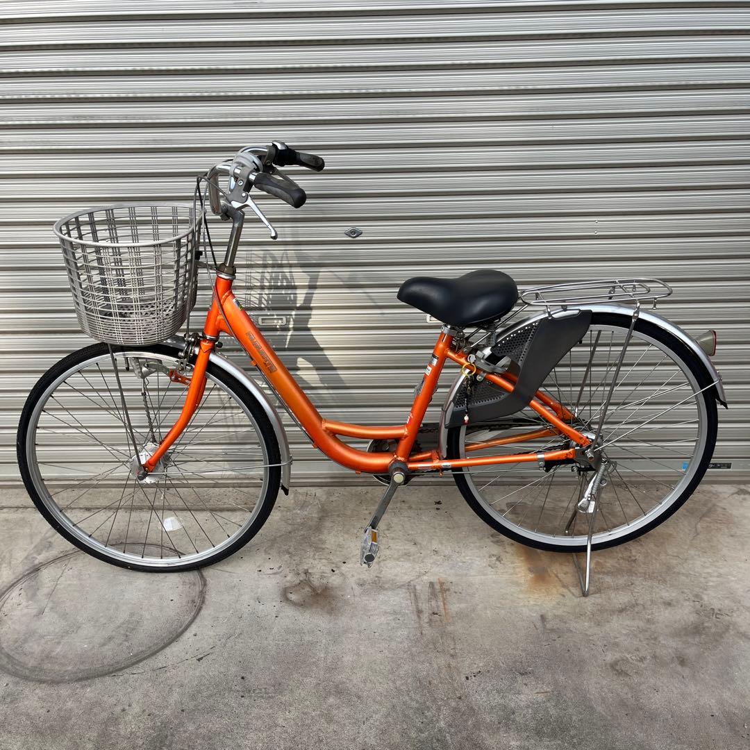 26インチオレンジ シティサイクル 前バスケット付き