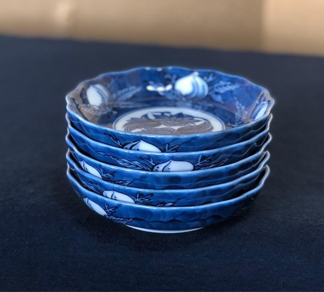 《レ》有田焼 源右衛門作 染濃桃絵 輪花 小皿5客 共箱　251201お2