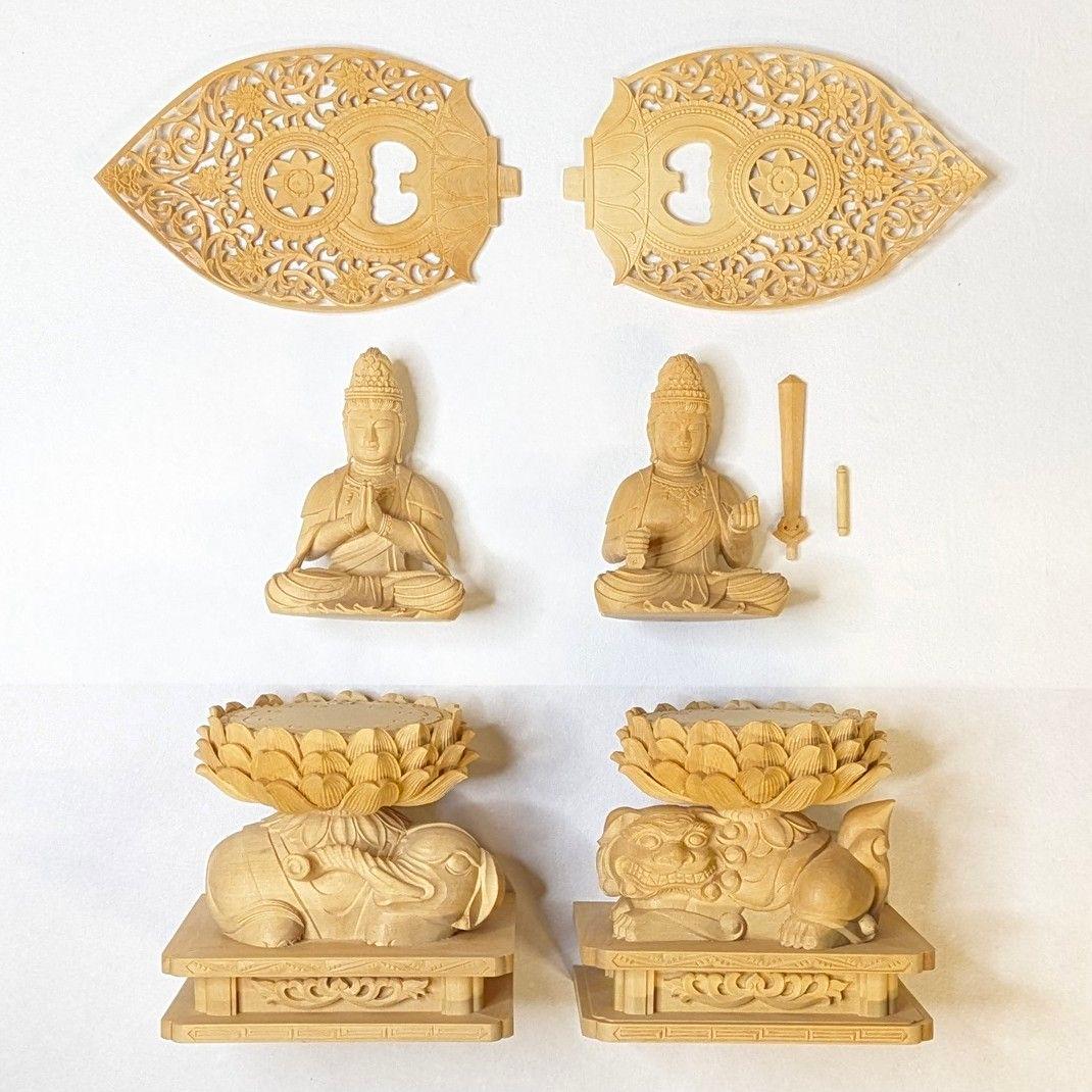 【セール・新品】 普賢菩薩　文殊菩薩　柘植　総高さ約21.5㎝　仏像