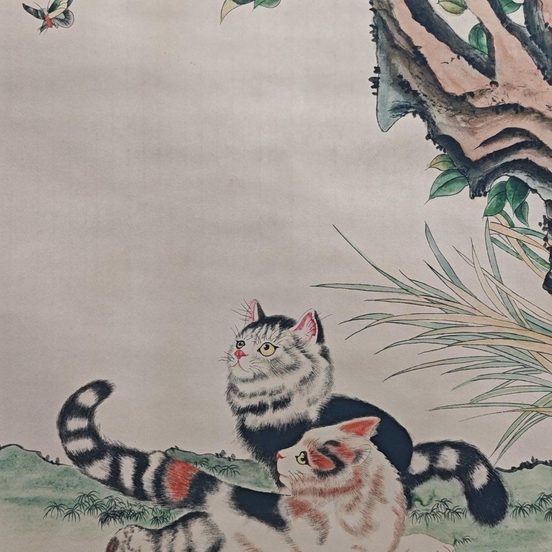 中国画 刘奎龄 双猫戯蝶図 中堂 掛け軸／防偽仕様