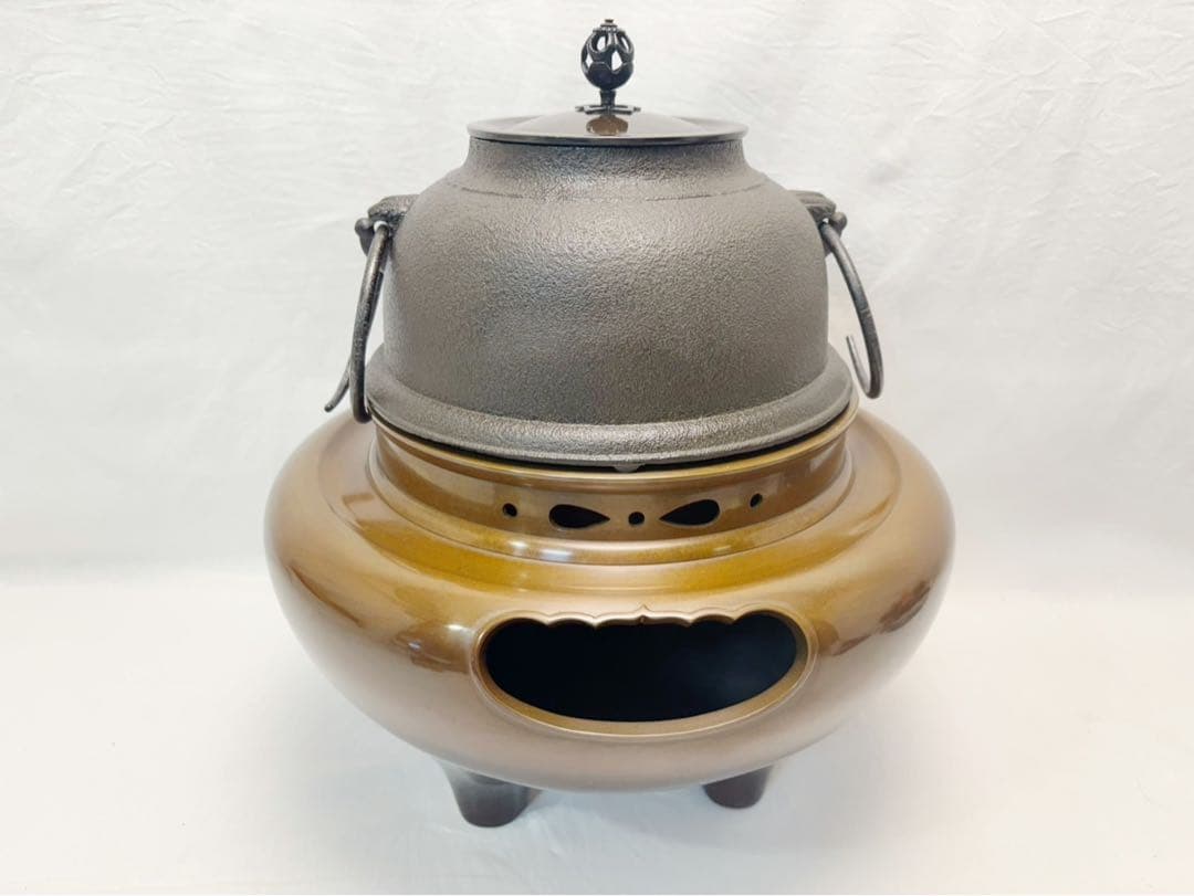 美品 茶道具 菊地政光作 唐銅朝鮮風炉 真形釜添 釜印 野々田電熱器付