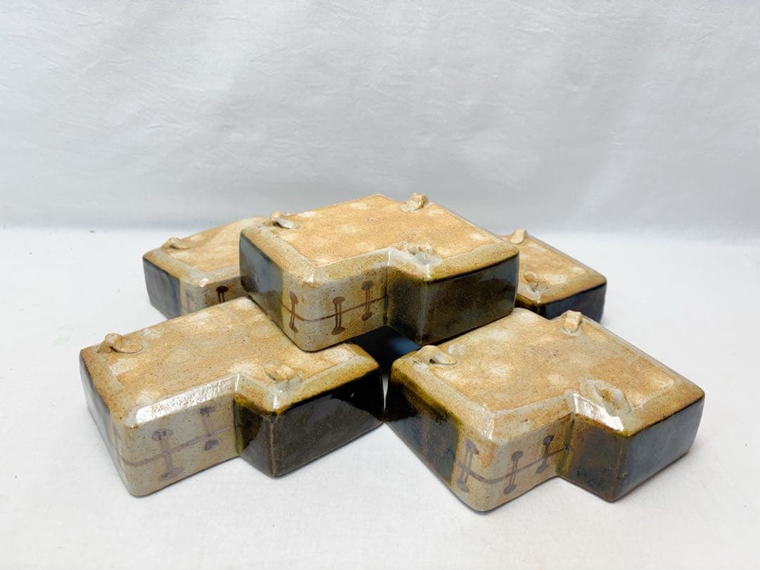 未使用 茶道具 加藤作助造 誰袖 織部 向付 5客組 足付小鉢 銘々皿 印 共箱