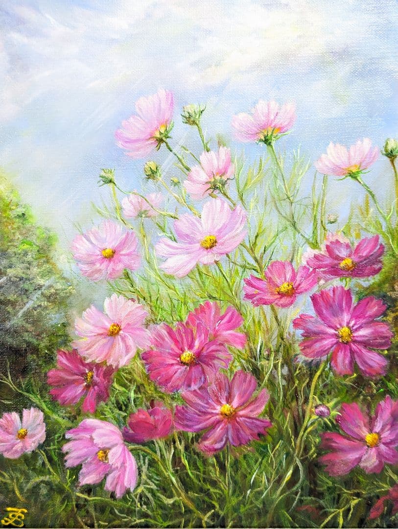コスモス　風景画　painterTMK真筆　花風景画　肉筆　花絵画　油絵