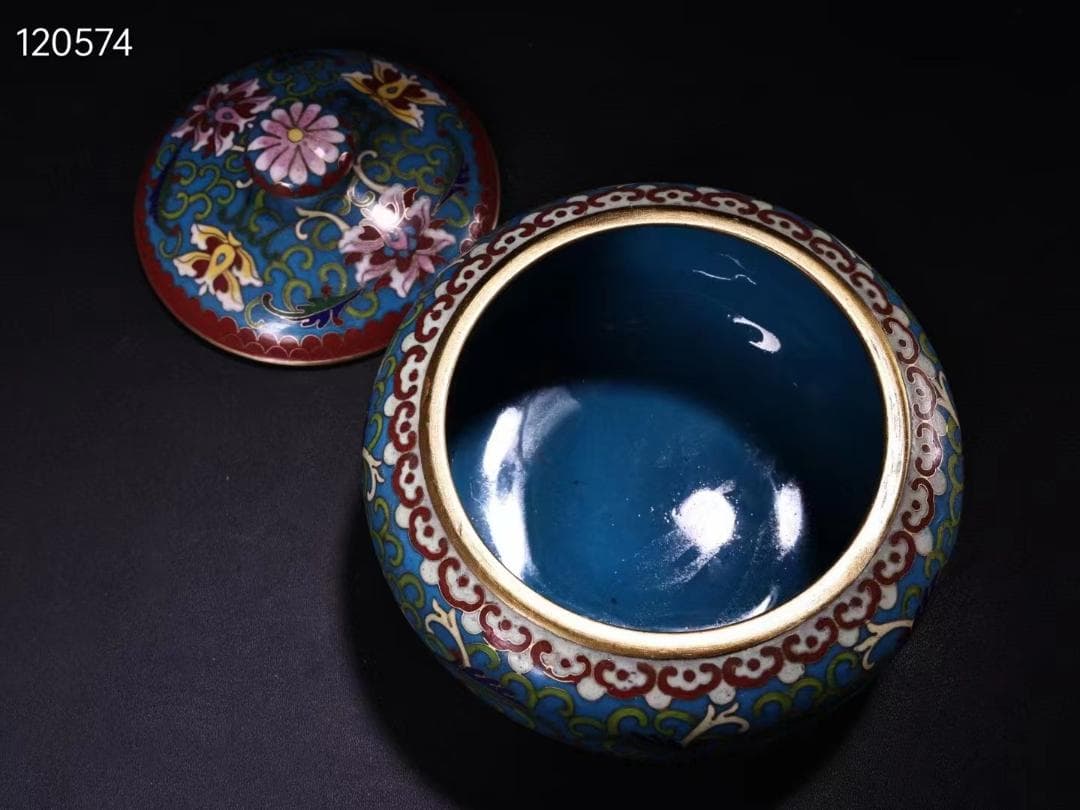 中国古美術・珍蔵・ 銅胎掐糸エナメル彩 景泰藍鎏金蓋罐・箱付き・文房具