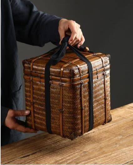 竹製編み込み収納ボックス 竹製 茶器 收納 茶盒 大容量 手作り 内布付き